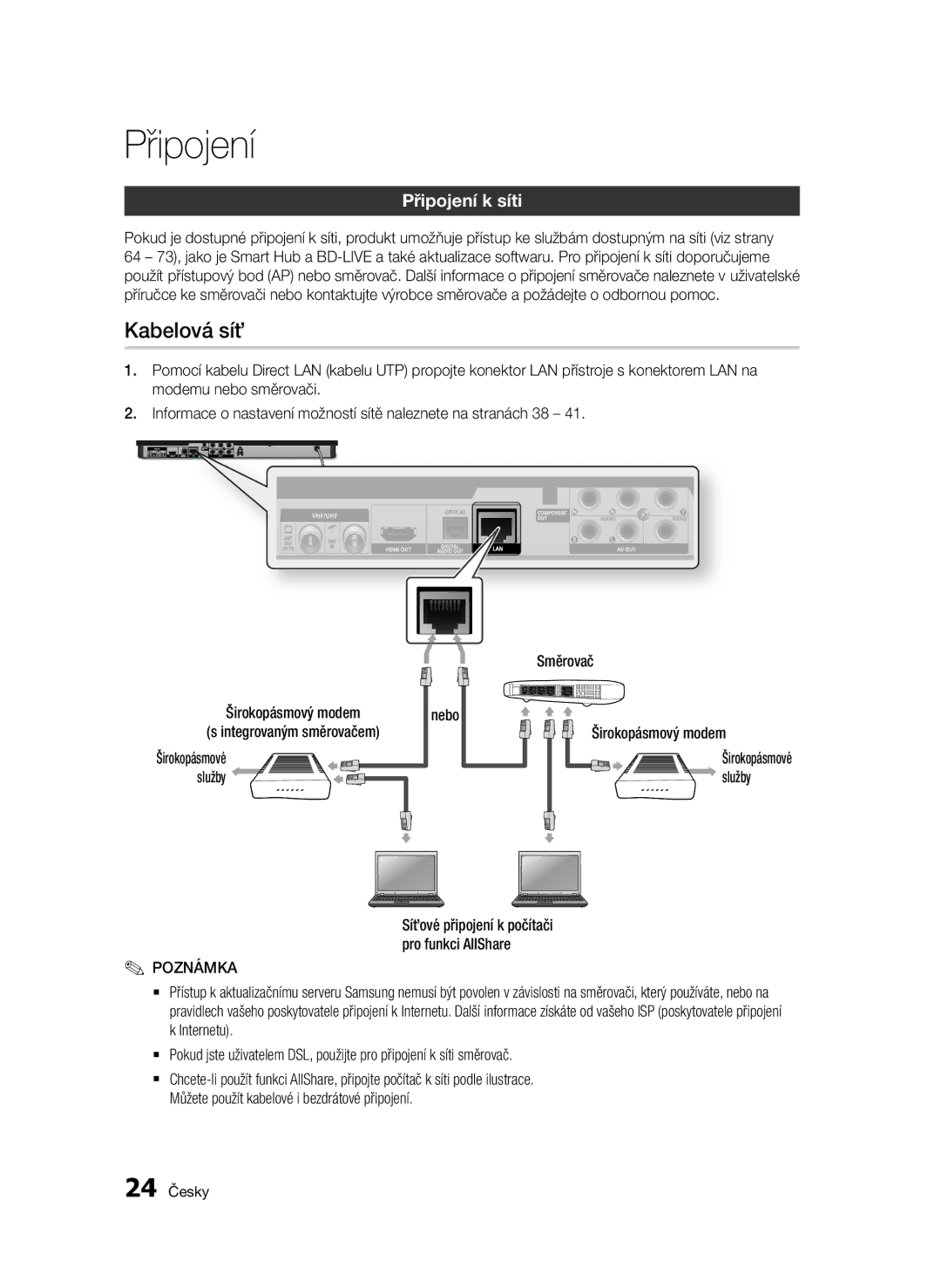 Samsung BD-E6300/EN manual Kabelová síť, Připojení k síti, Služby, 24 Česky 